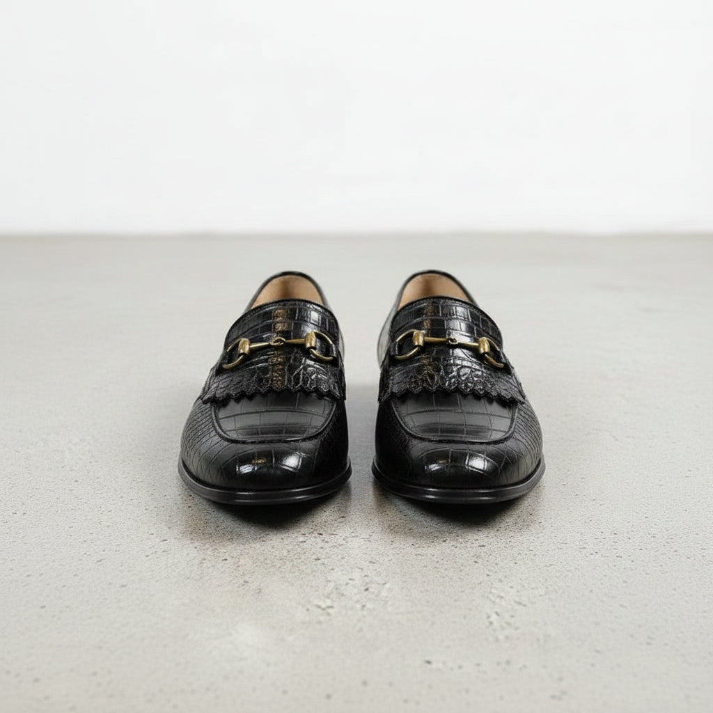 Handcrafted Black Crocodile Fringe Moccasins for Men