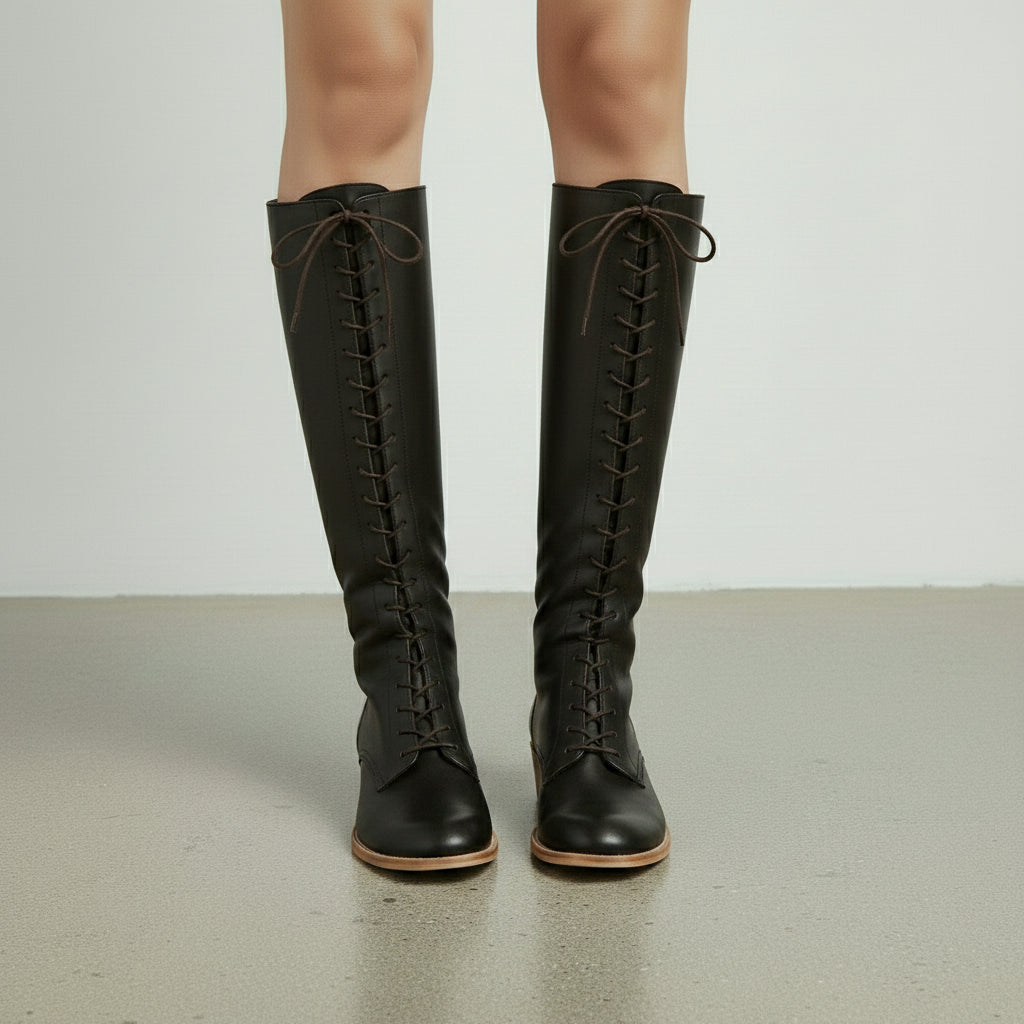 Handcrafted Black Leather Knee-High Boots for Women with Lace-Up Detail