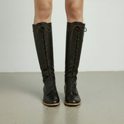 Handcrafted Black Leather Knee-High Boots for Women with Lace-Up Detail