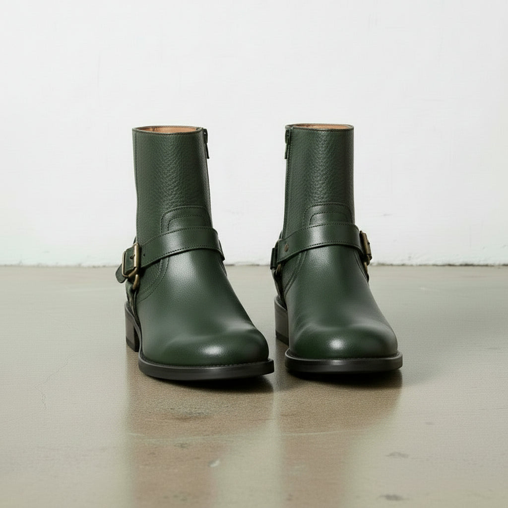 Women's Handmade Dark Green Artisan Moto- Harness Leather Ankle Boots