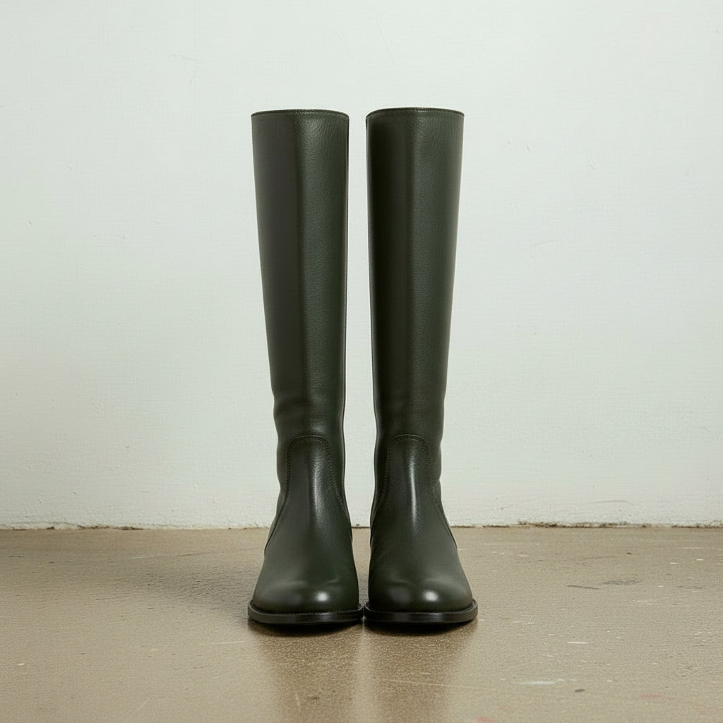Women’s Handmade Leather Riding Boots – Dark Green Knee-High Design