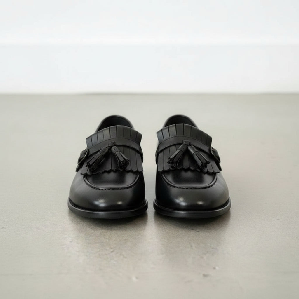 Men's Black Full-Grain Leather Fringe Buckle Loafers