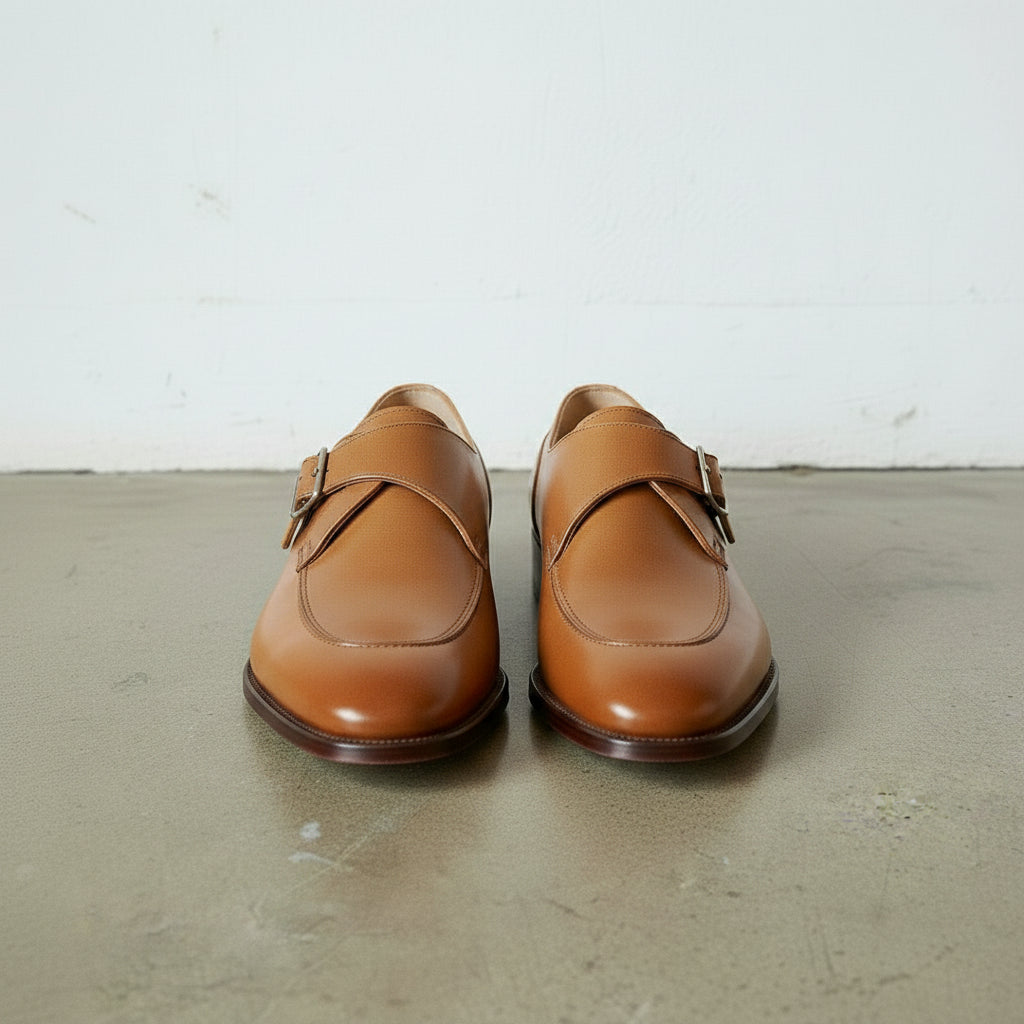 Men's Tan Apron-Toe Leather Monk Strap Shoes