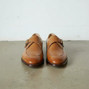 Men's Tan Apron-Toe Leather Monk Strap Shoes