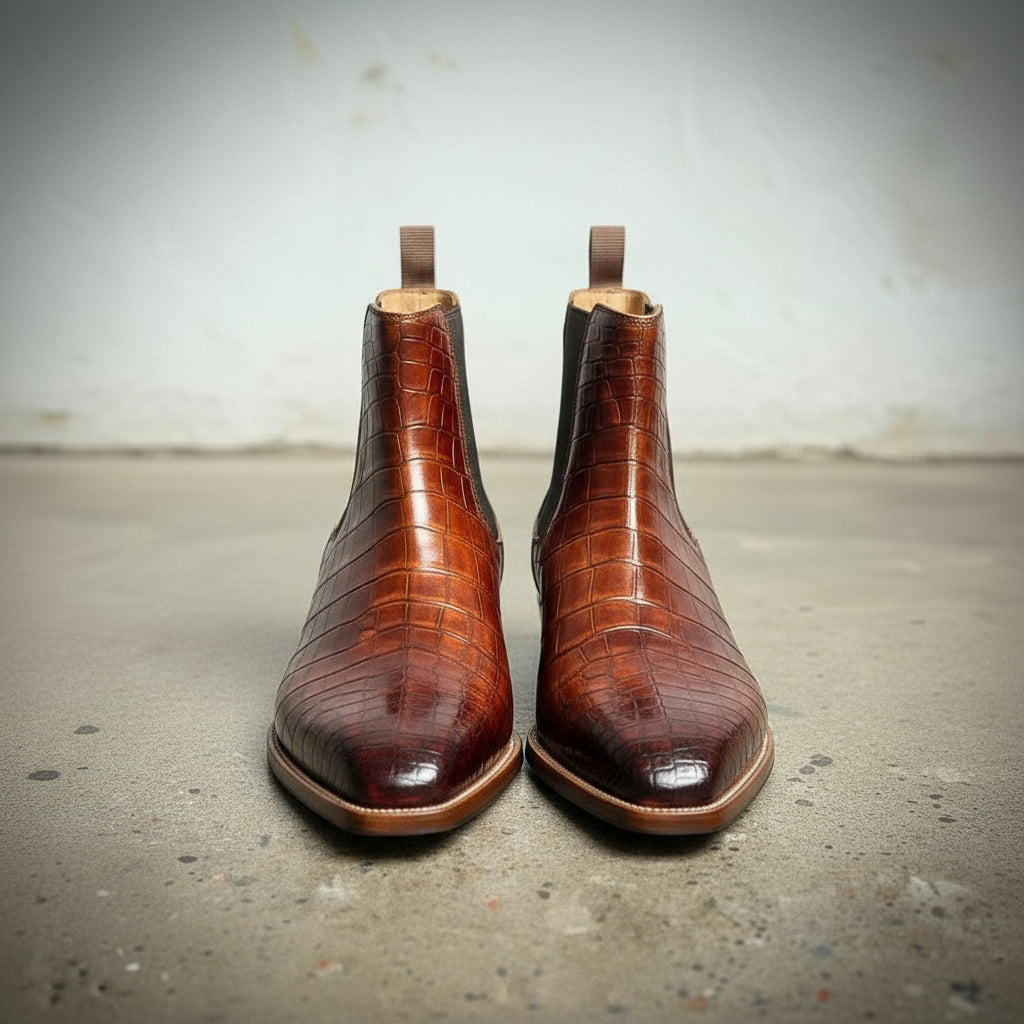 Handcrafted Men's Brown Chelsea Boots with Crocodile Pattern