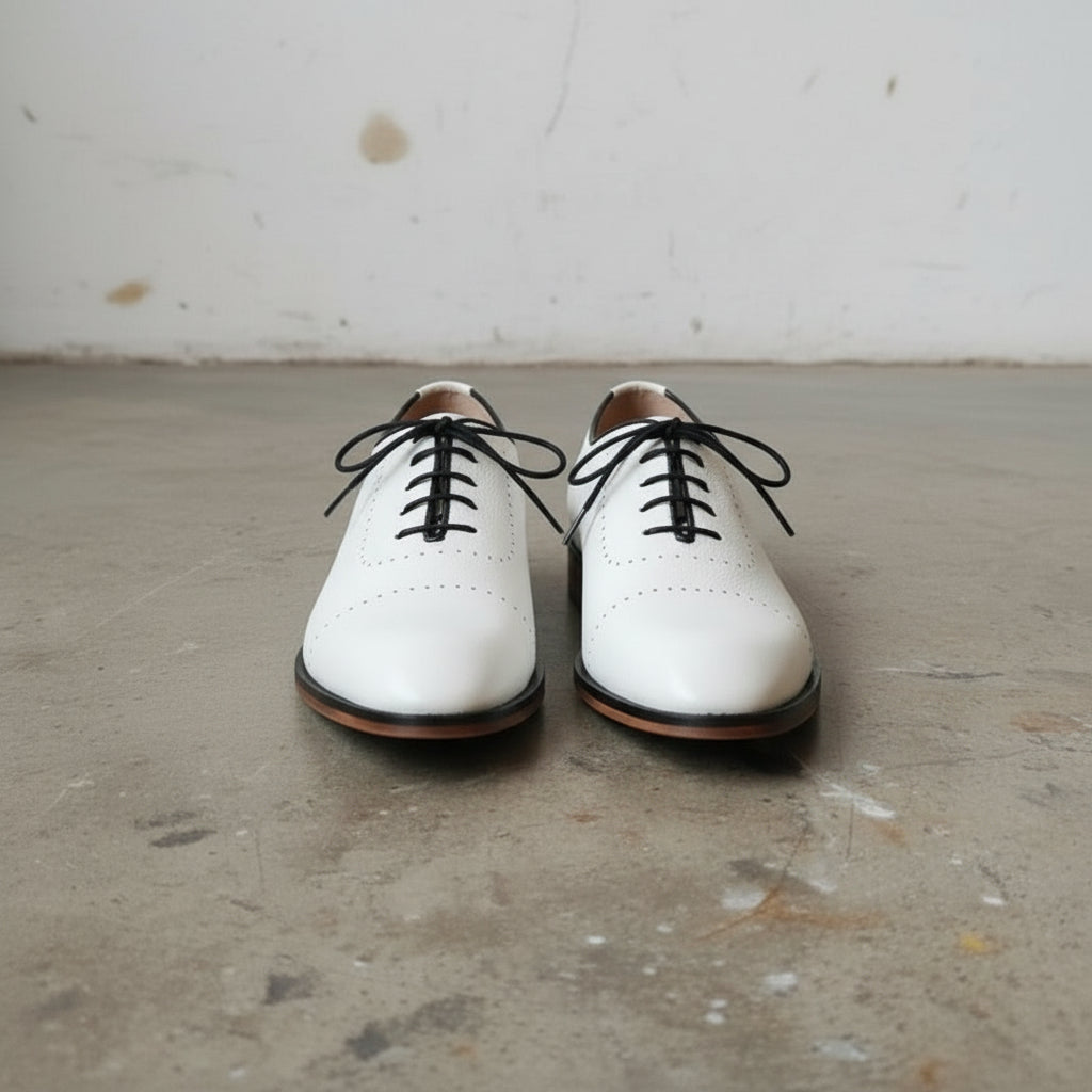 Men's White Lace-Up Full-Grain Leather Oxfords