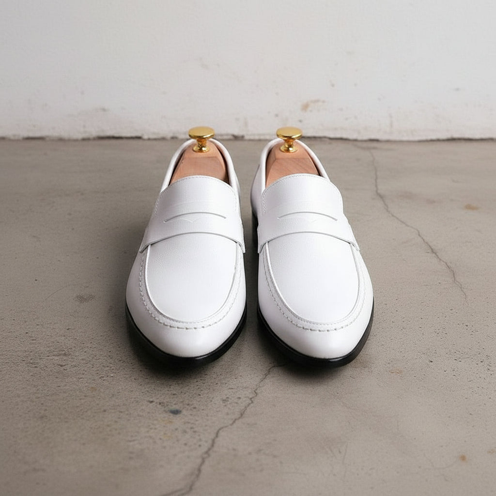 Men's White Handmade Full-Grain Leather Penny Loafers