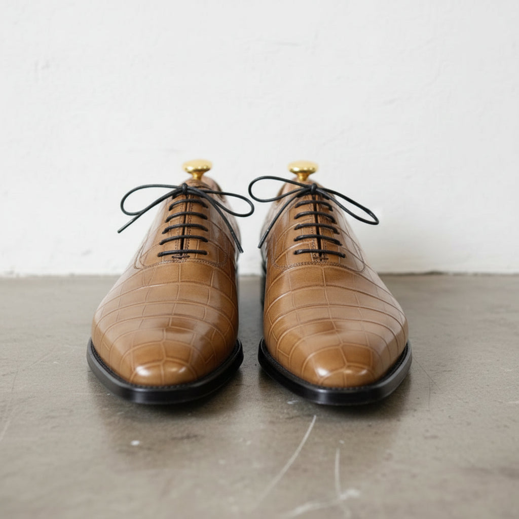 Men's Tan Crocodile-Embossed Leather Oxfords
