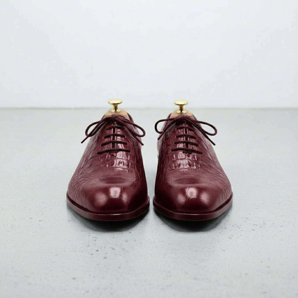 Handcrafted Men's Burgundy Alligator Leather Oxford Shoes