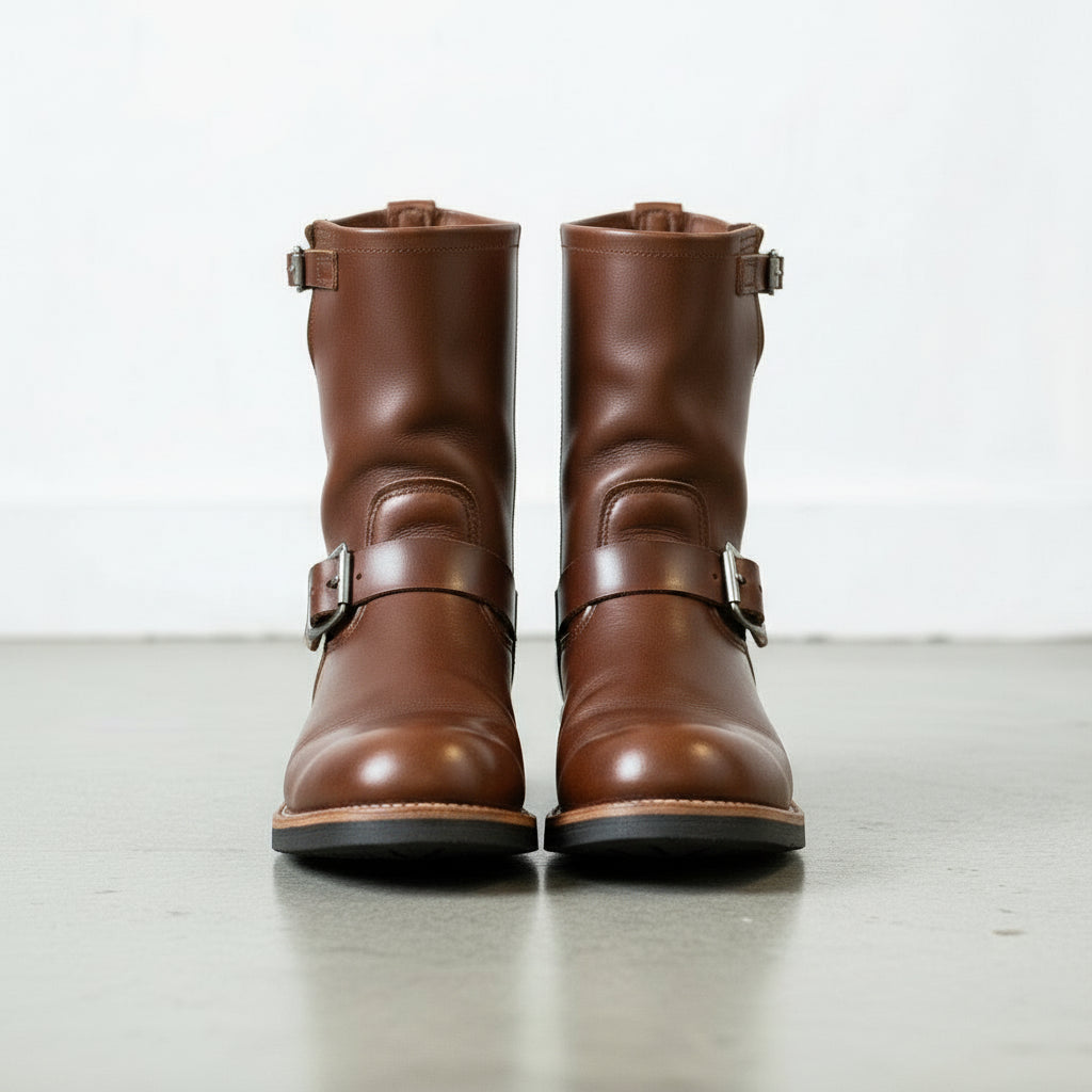 Men's Brown Plain-Toe Leather Biker Boots