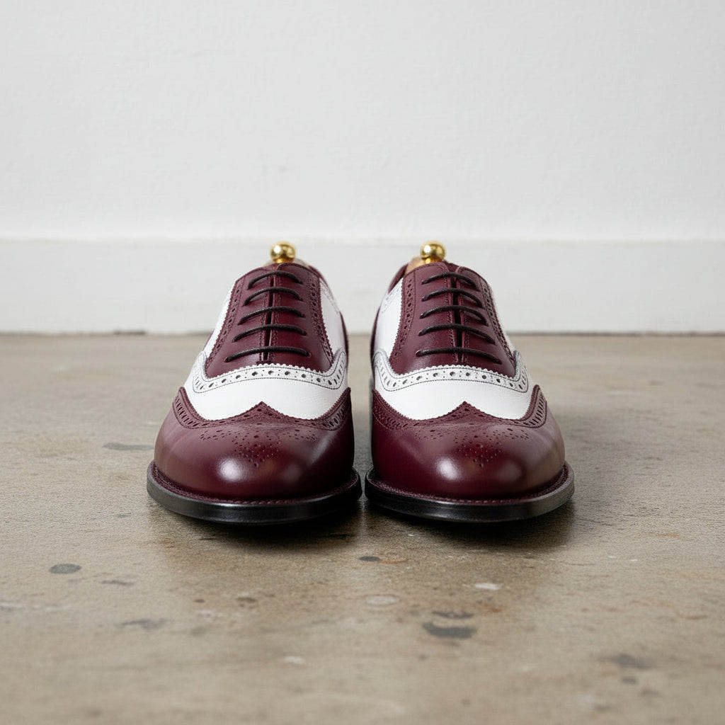 Men’s Burgundy Wingtip Spectator Shoes, Two-Tone Formal Dress Shoes