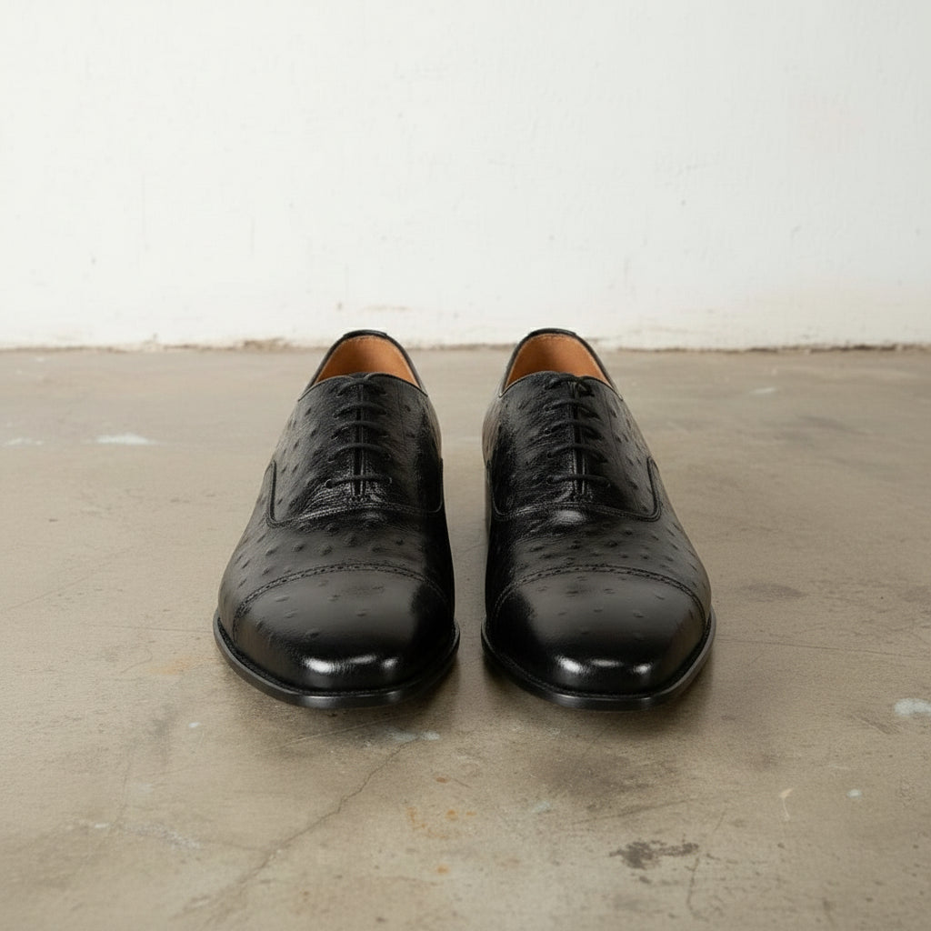 Men's Black Cap-Toe Ostrich-Embossed Leather Oxfords