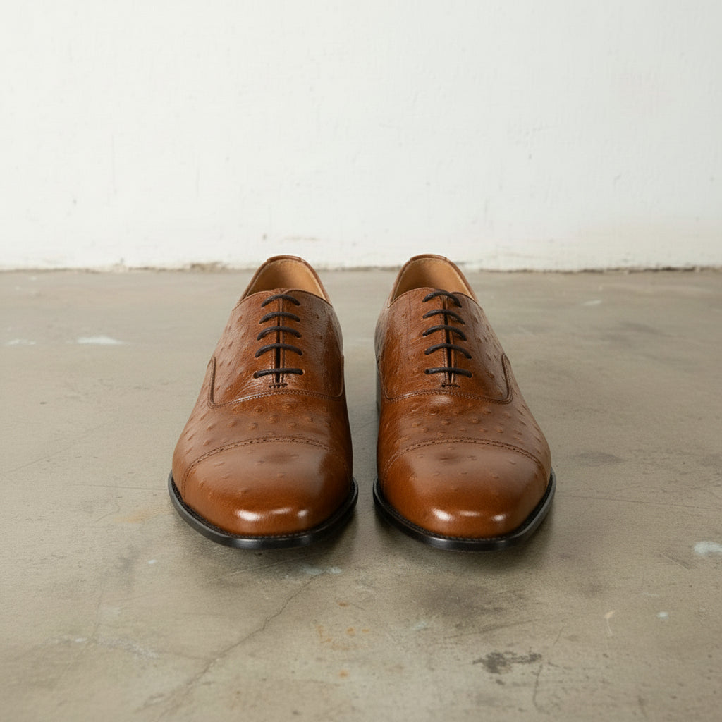 Men's Brown Cap-Toe Ostrich-Embossed Leather Oxfords