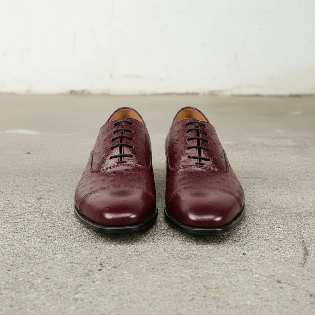 Men's Burgundy Cap-Toe Ostrich-Embossed Leather Oxfords