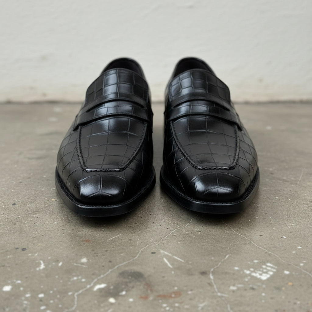 Men's Black Alligator-Embossed Leather Penny Loafers
