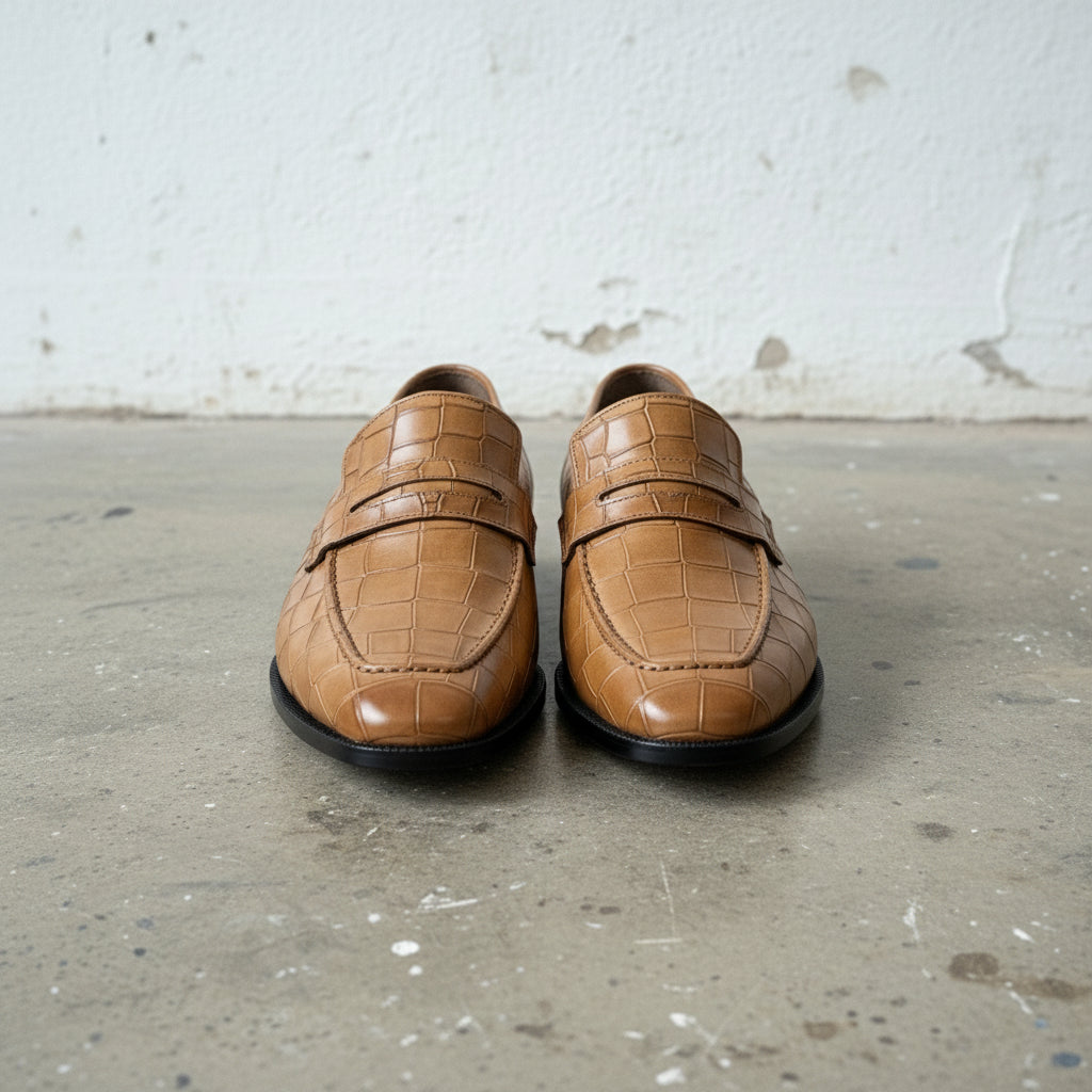 Men's Tan Alligator-Embossed Leather Penny Loafers