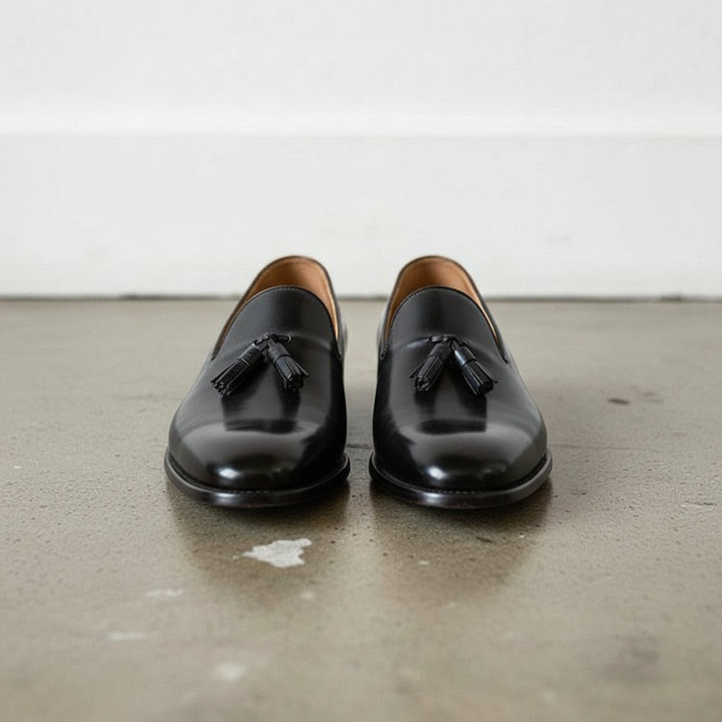 Men's Rich Black Tassel Loafer Handcrafted Calf Leather Dress Shoes