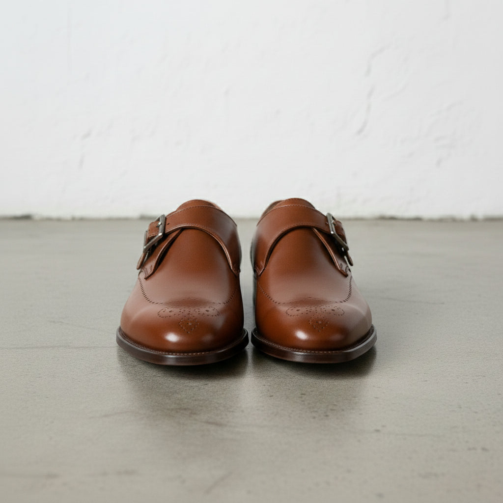 Men's Brown Plain-Toe Leather Monk Strap Shoes