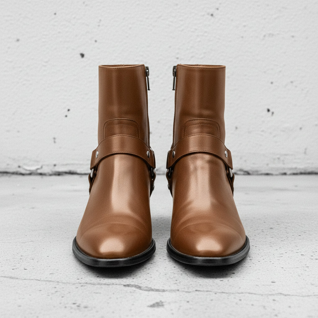 Men's Brown Plain-Toe Leather Biker Boots