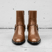 Men's Brown Plain-Toe Leather Biker Boots