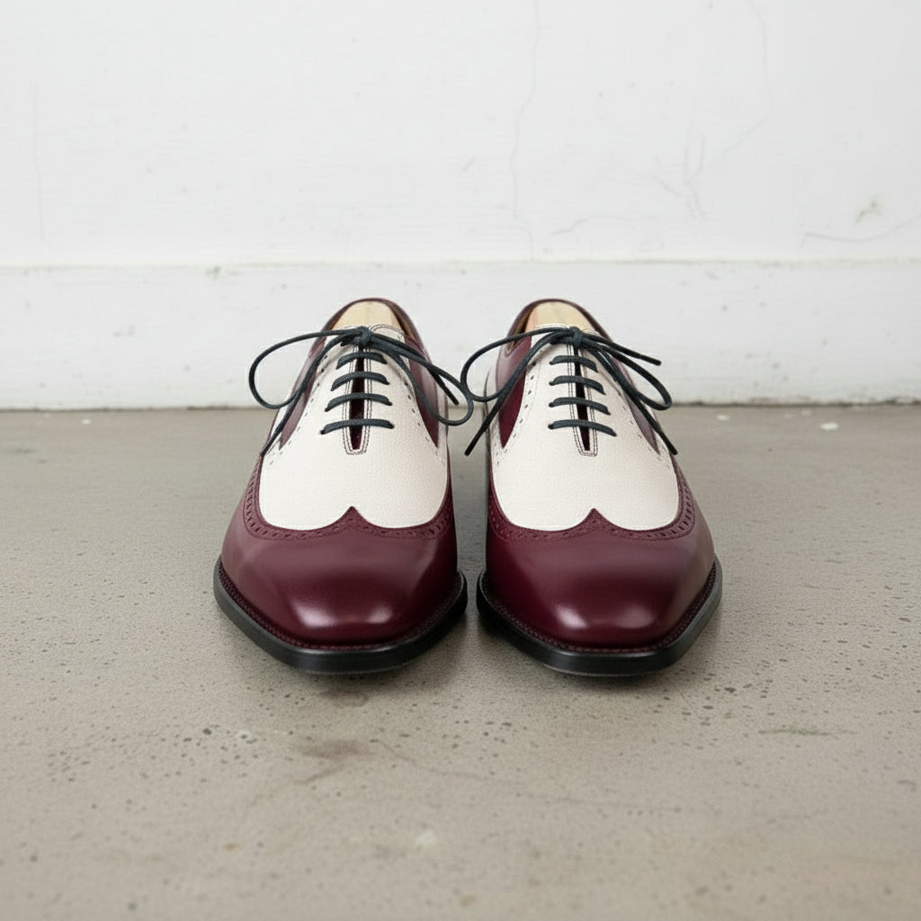 Burgundy and Cream Two-Tone Wingtip Leather Spectator Oxfords