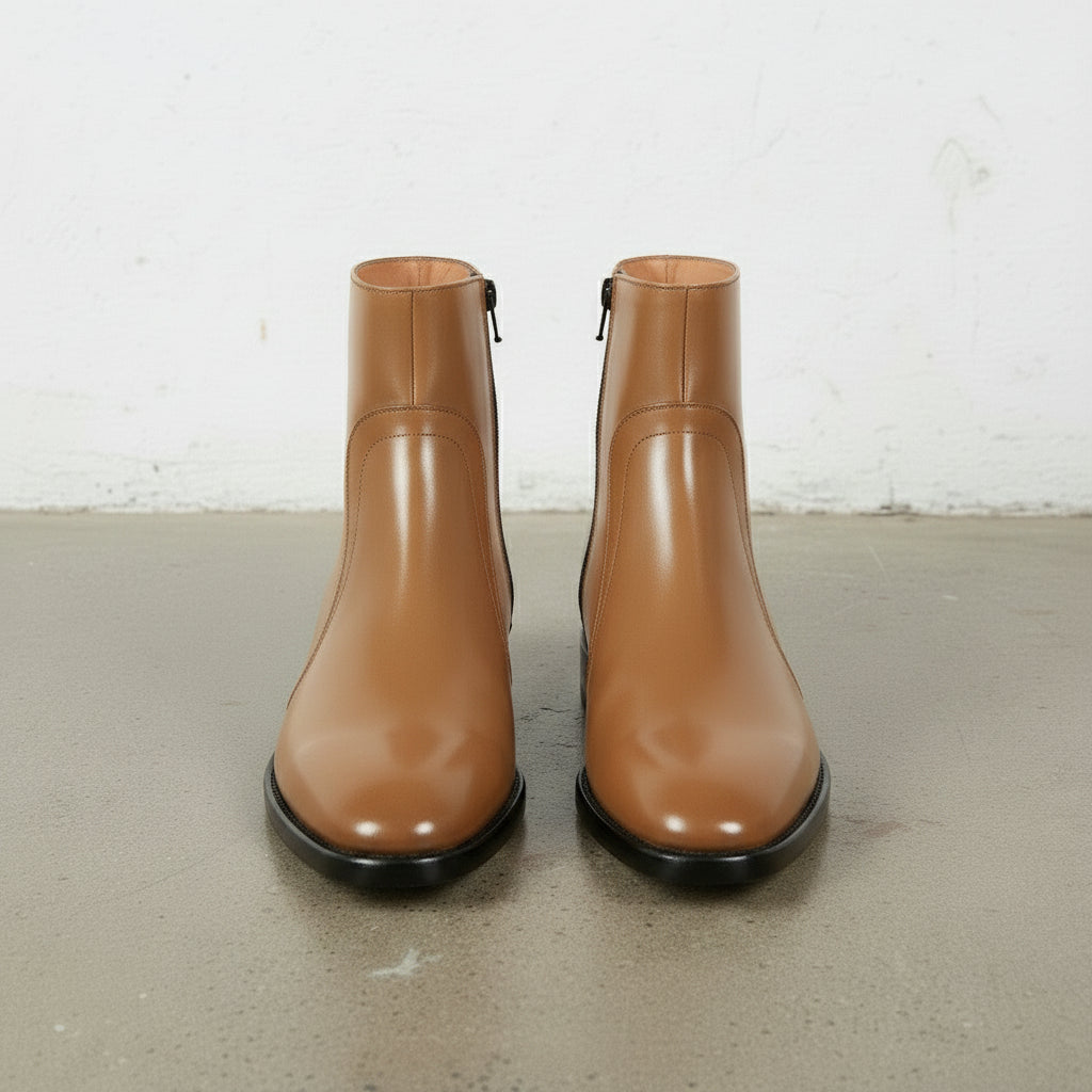 Men's Tan Plain-Toe Leather Ankle Boots