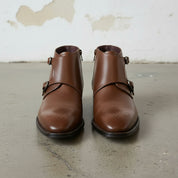 Men's Brown Plain-Toe Leather Double Monk Boots