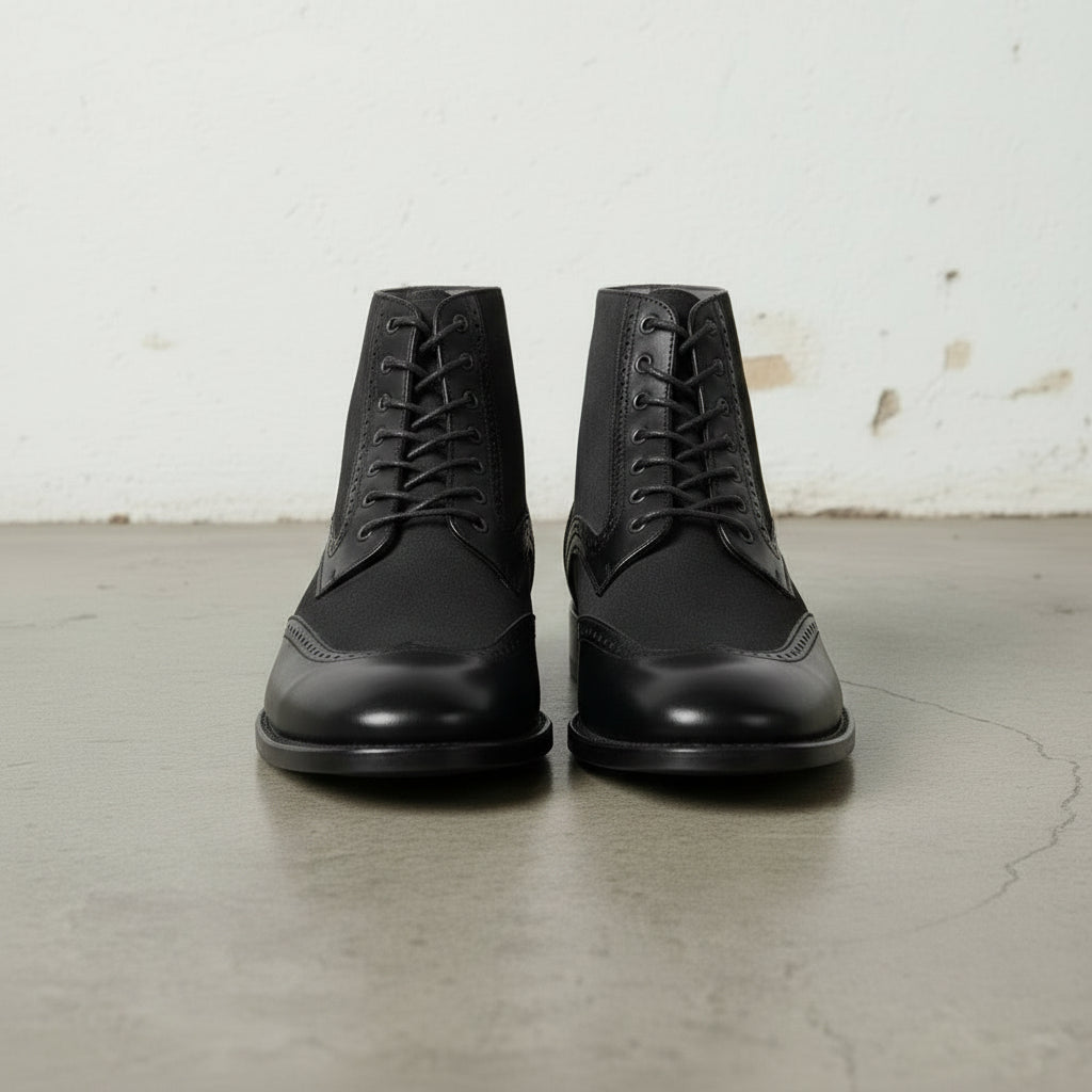 Men's Black Wingtip Leather and Suede Derby Boots