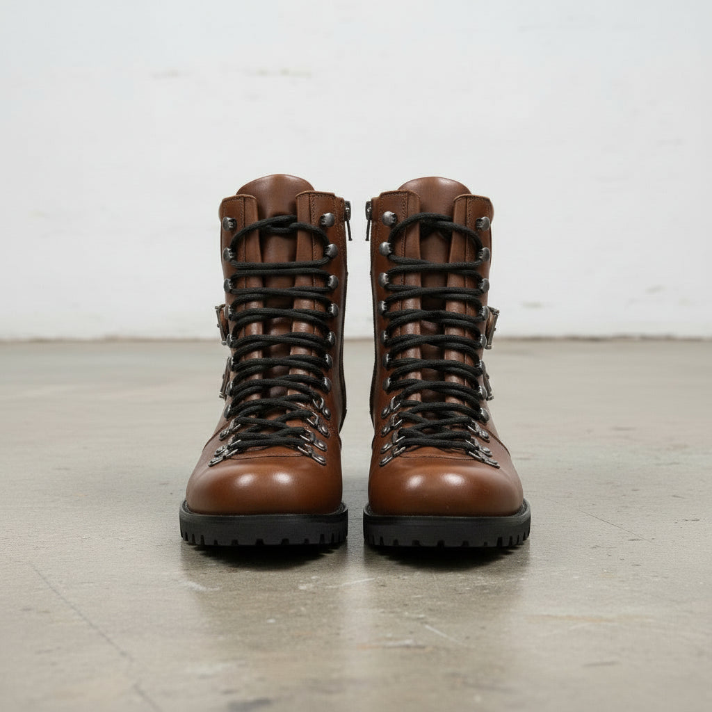 Men's Brown Plain-Toe Leather Hiker Boots