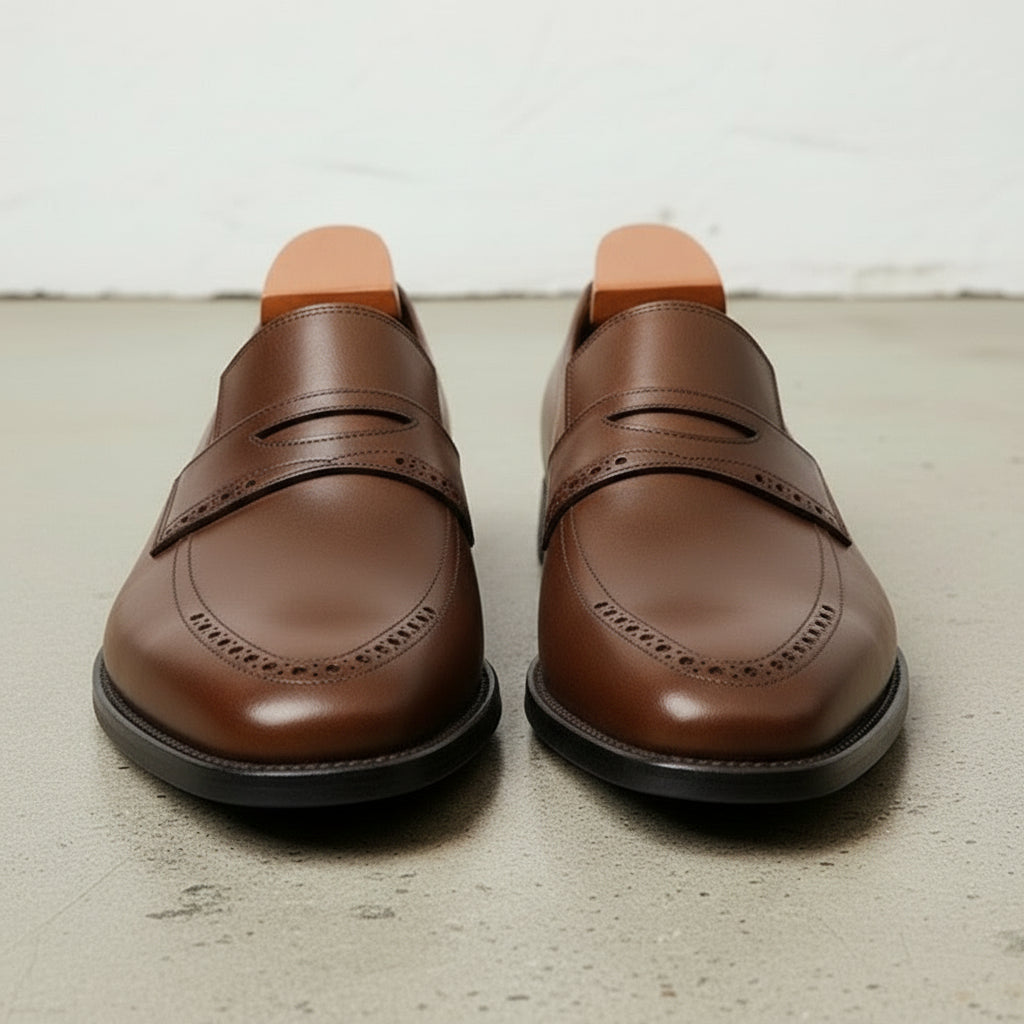 Men's Brown Cap-Toe Leather Penny Loafers