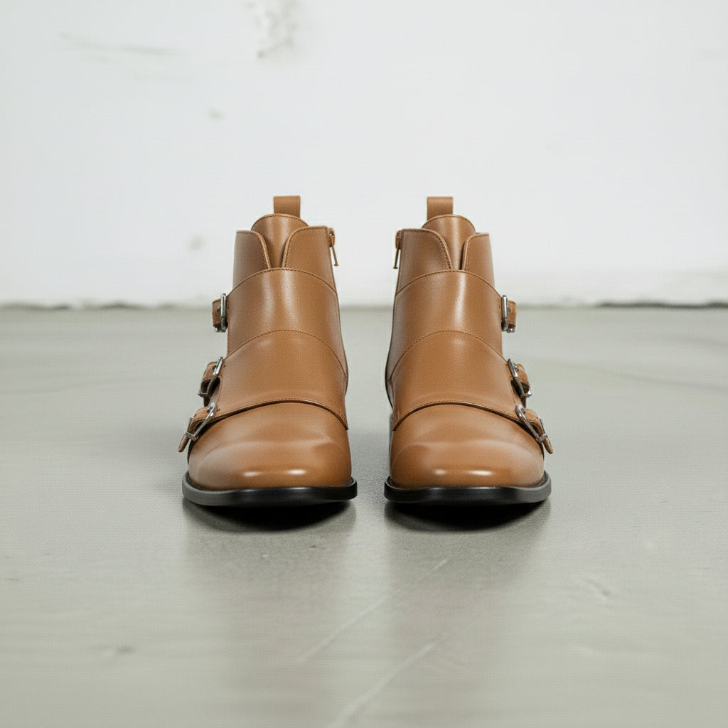 Men's Tan Leather Double Monk Ankle Boots