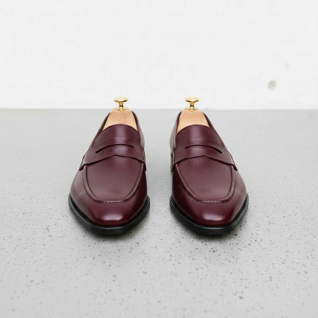 Men's Burgundy Apron-Toe Leather Penny Loafers