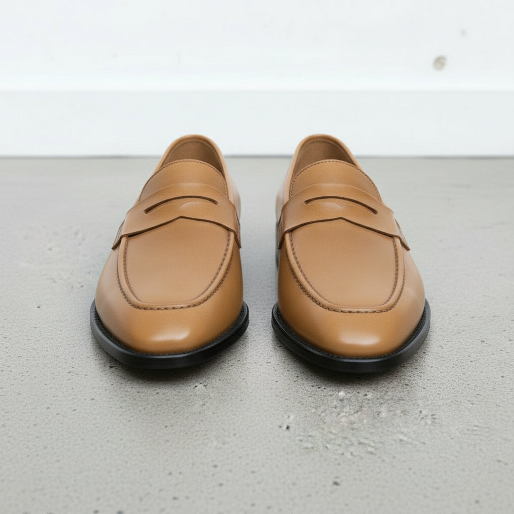 Men's Tan Apron-Toe Leather Penny Loafers