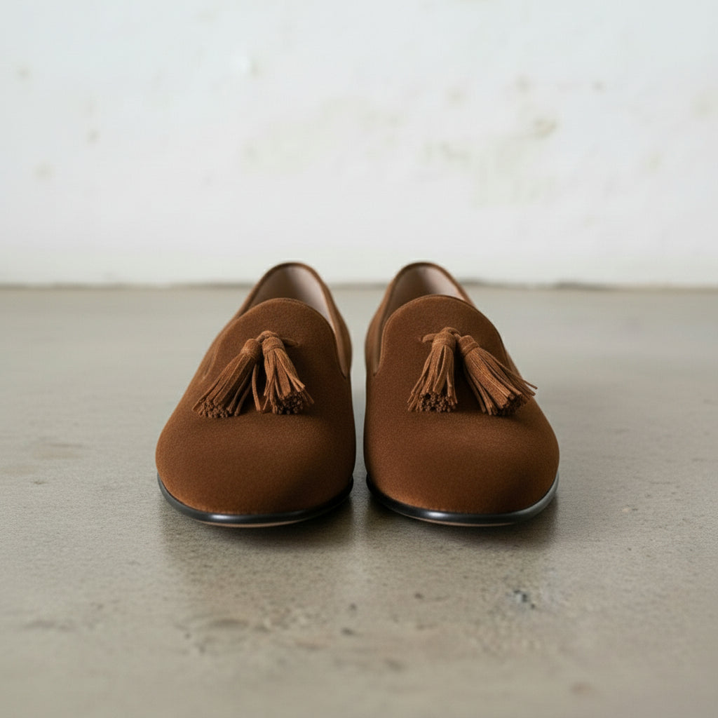 Men's Brown Plain-Toe Suede Tassel Loafers