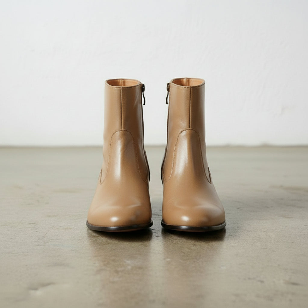 Handmade Men's Tan Ankle Leather Boot with Side Zipper