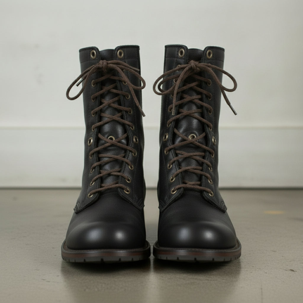 Men's Black Plain-Toe Leather Combat Boots
