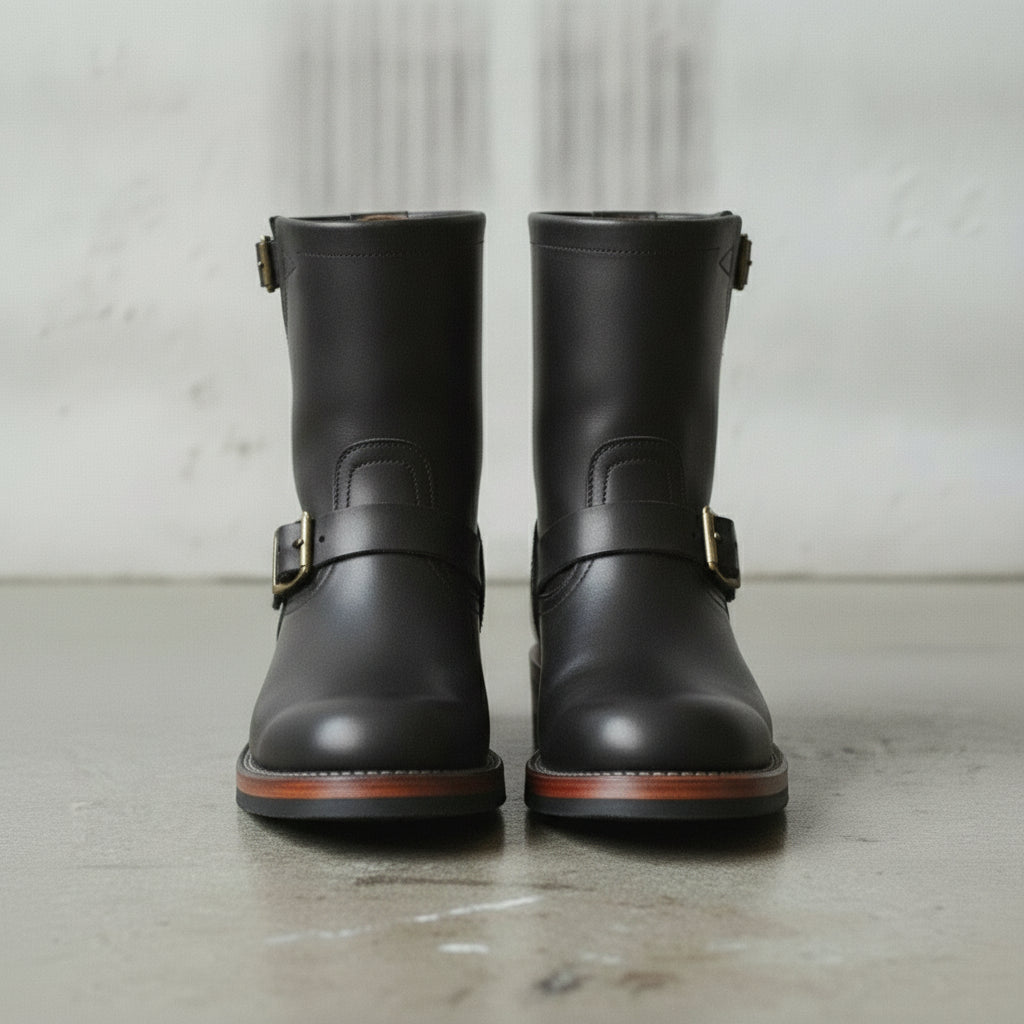 Men's Black Plain-Toe Leather Biker Boots
