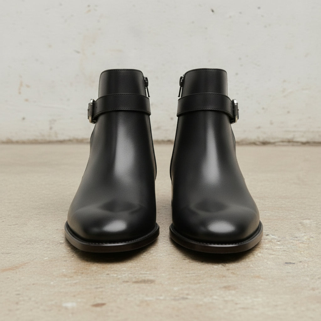 Men's Black Plain-Toe Leather Monk Boots