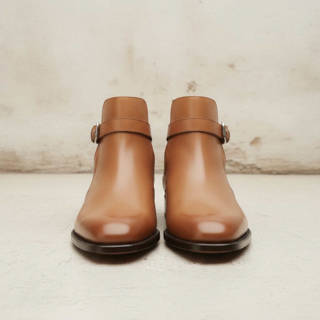 Men's Tan Plain-Toe Leather Monk Boots