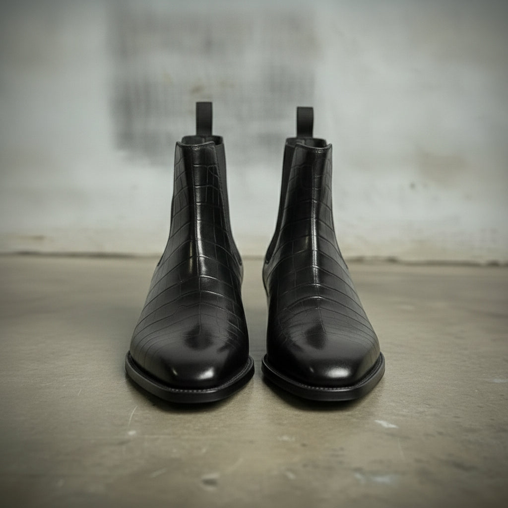 Men's Black Crocodile-Embossed Leather Chelsea Boots