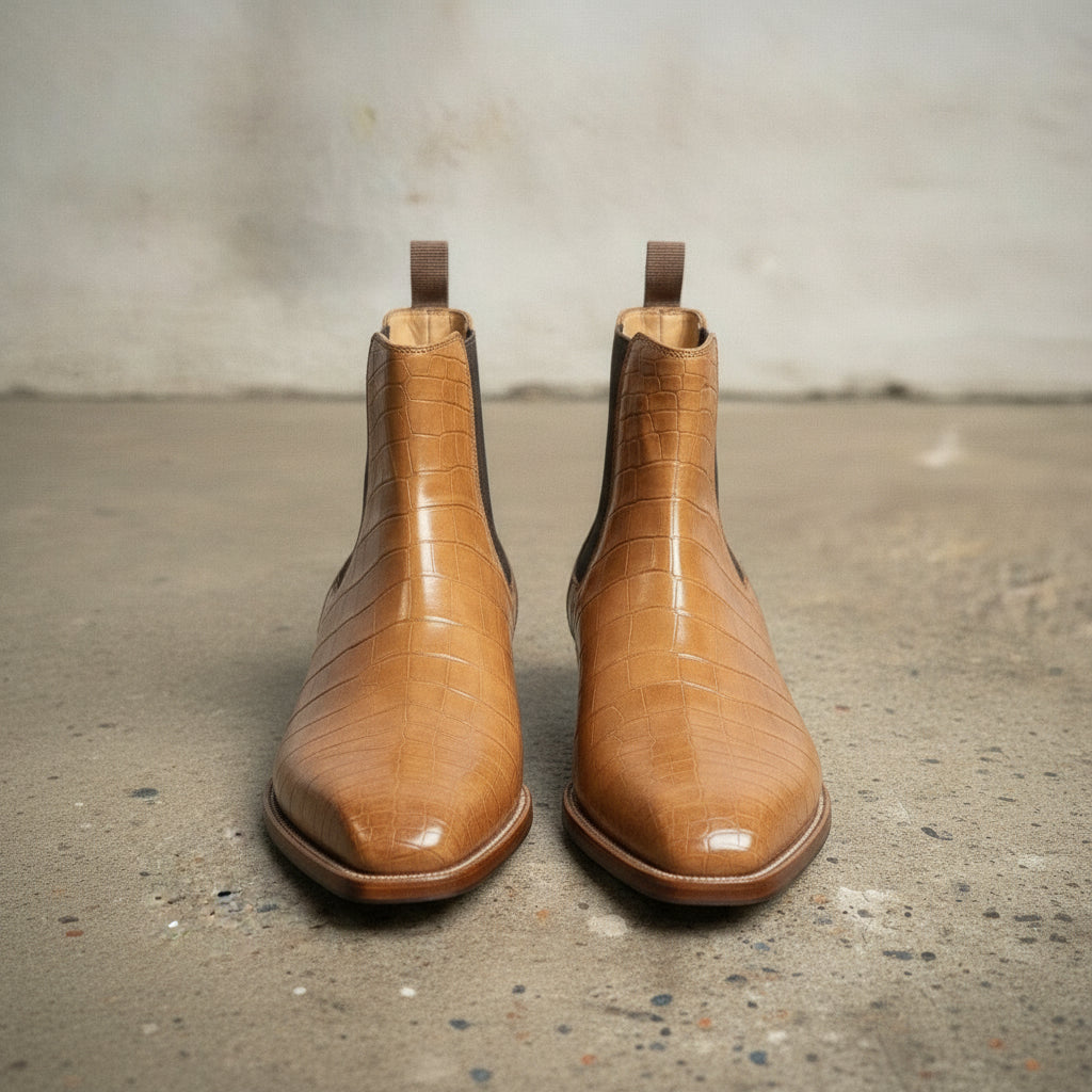 Men's Tan Crocodile-Embossed Leather Chelsea Boots