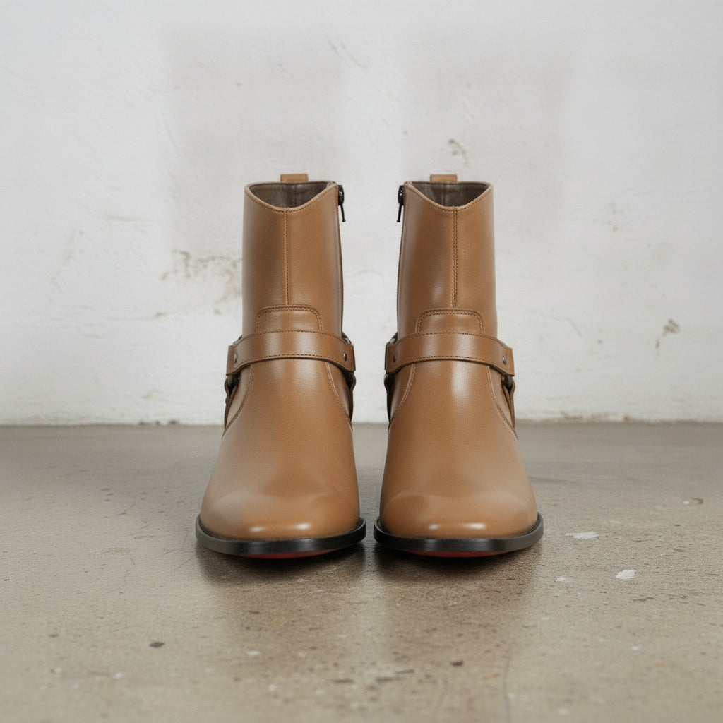 Men's Tan Plain-Toe Leather Ankle Biker Boots