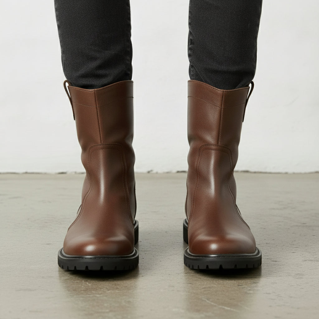 Men's Brown Plain-Toe Leather Pull-On Boots