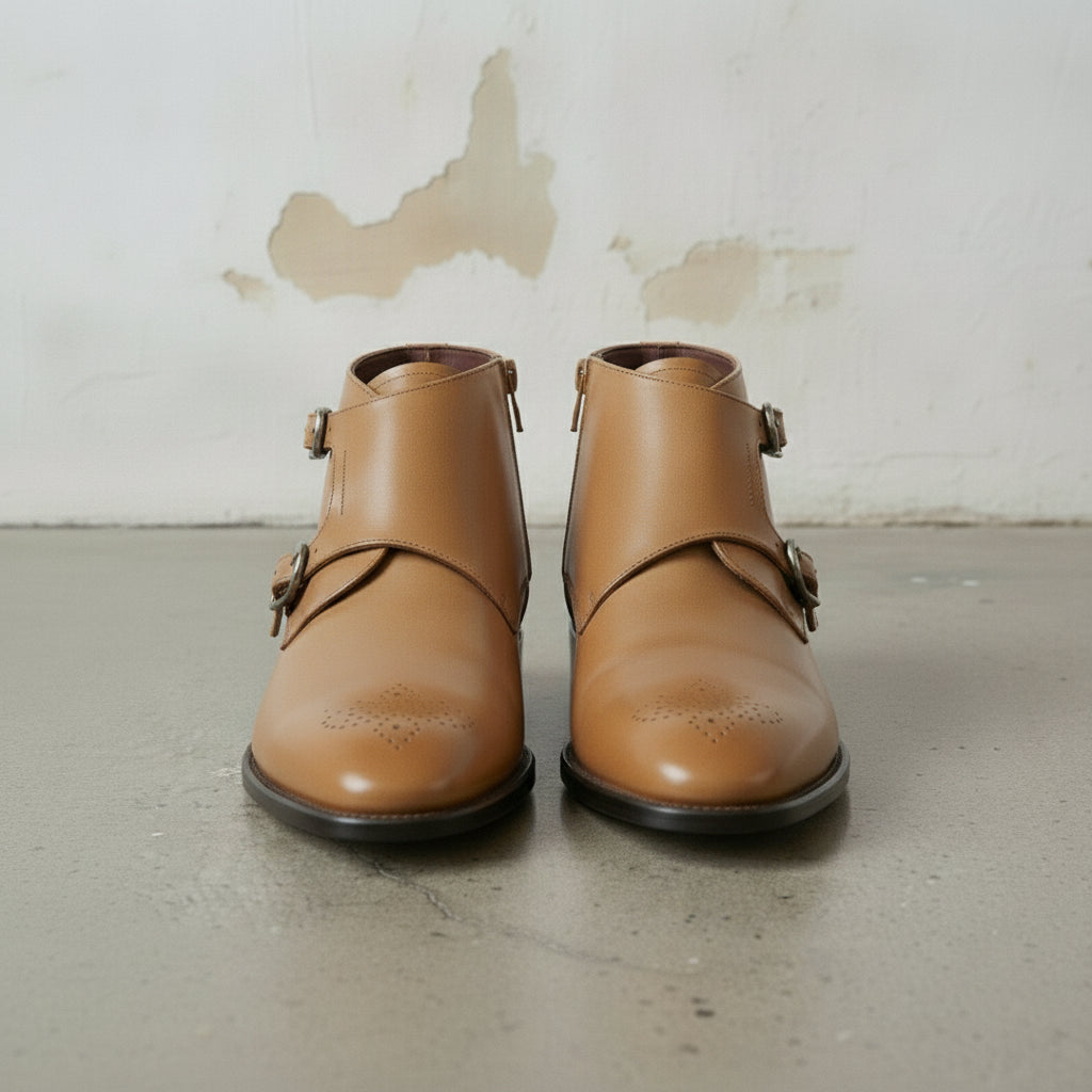 Men's Tan Plain-Toe Leather Double Monk Boots