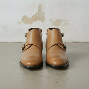 Men's Tan Plain-Toe Leather Double Monk Boots