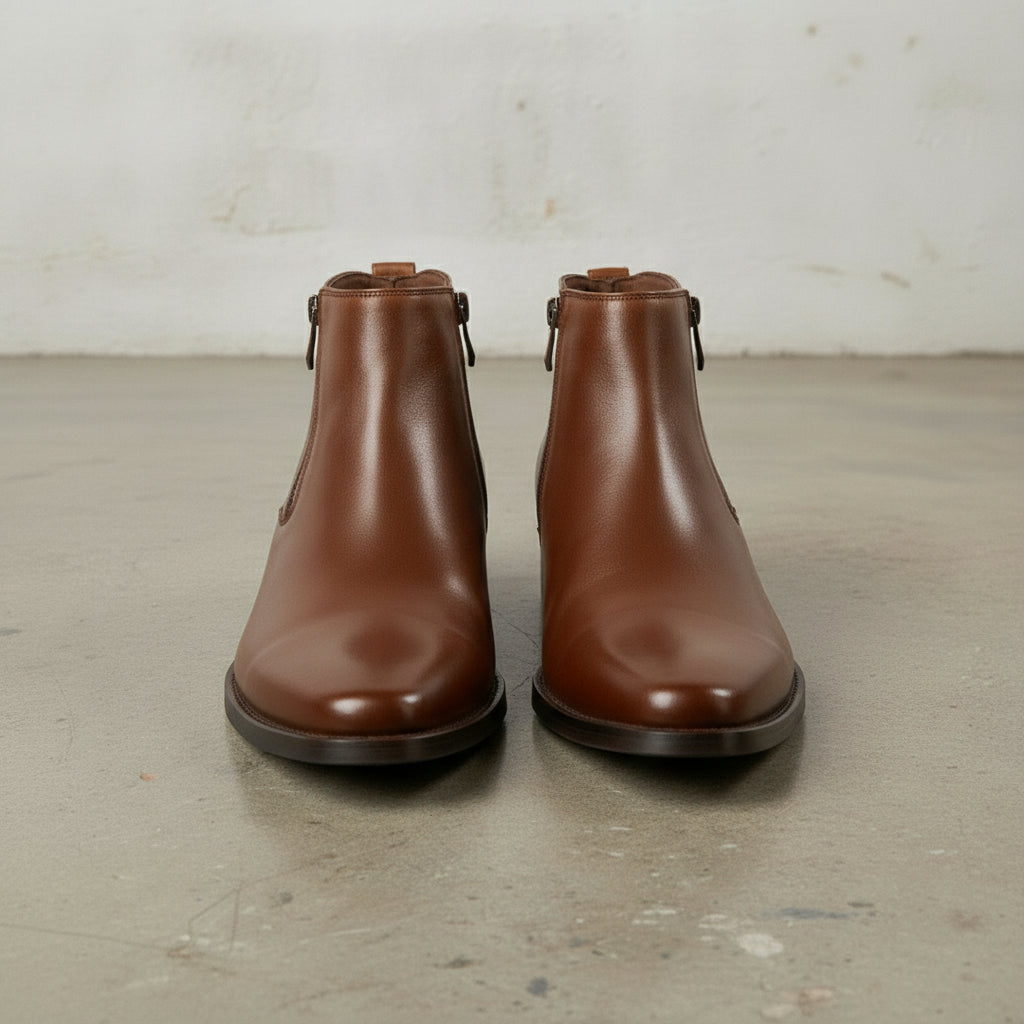 Men's Brown Plain-Toe Leather Ankle Boots