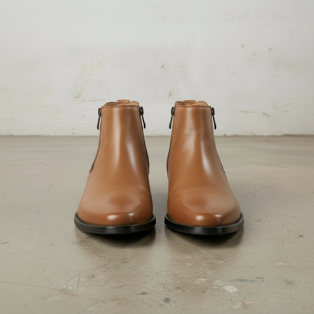 Men's Tan Plain-Toe Leather Ankle Boots
