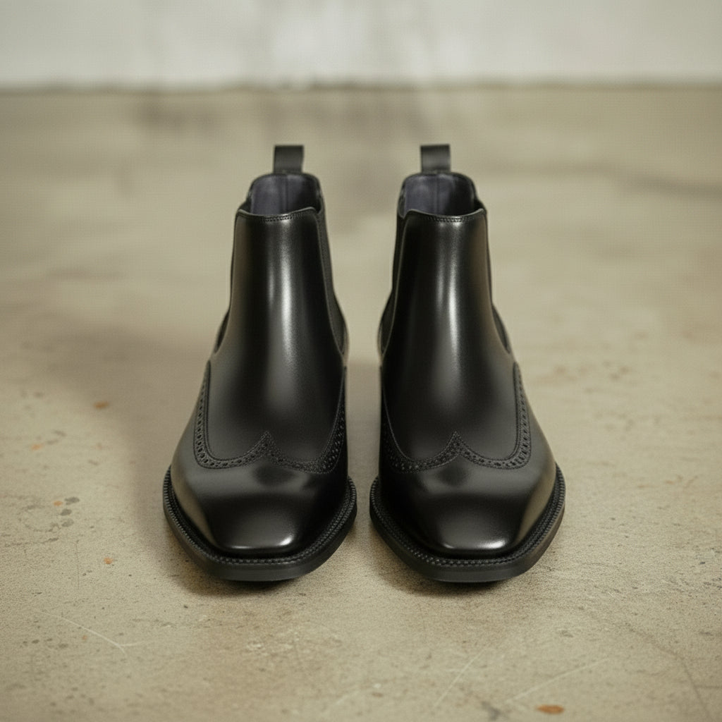 Men's Black Wingtip Leather Chelsea Boots
