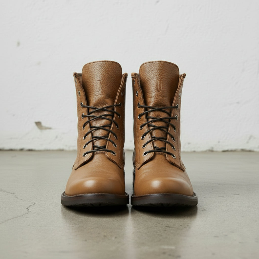 Men's Tan Plain-Toe Leather Combat Boots