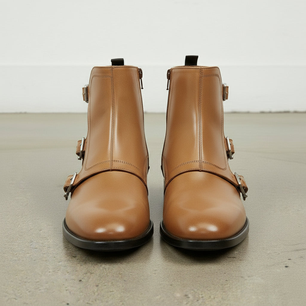 Men's Tan Plain-Toe Leather Monk Boots